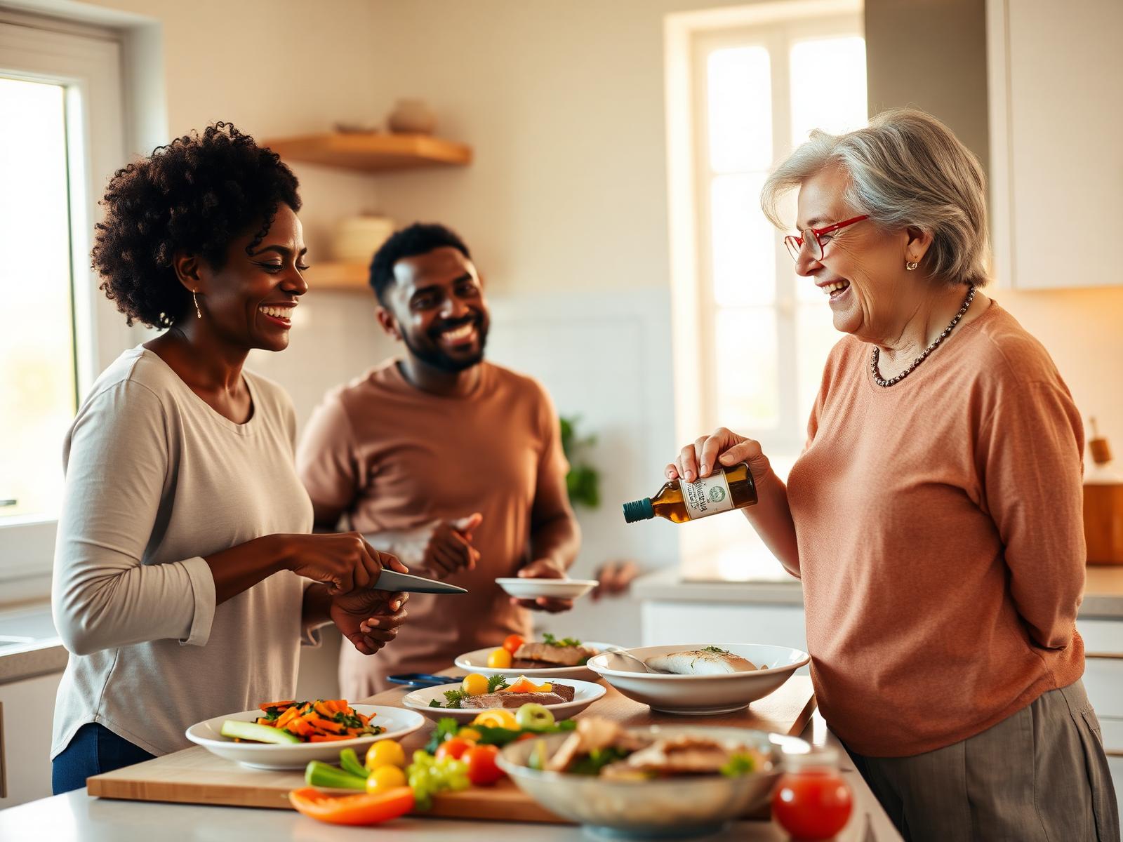 A diverse group of adults in their 50s and 60s laughing while cooking a fresh Mediterranean meal together