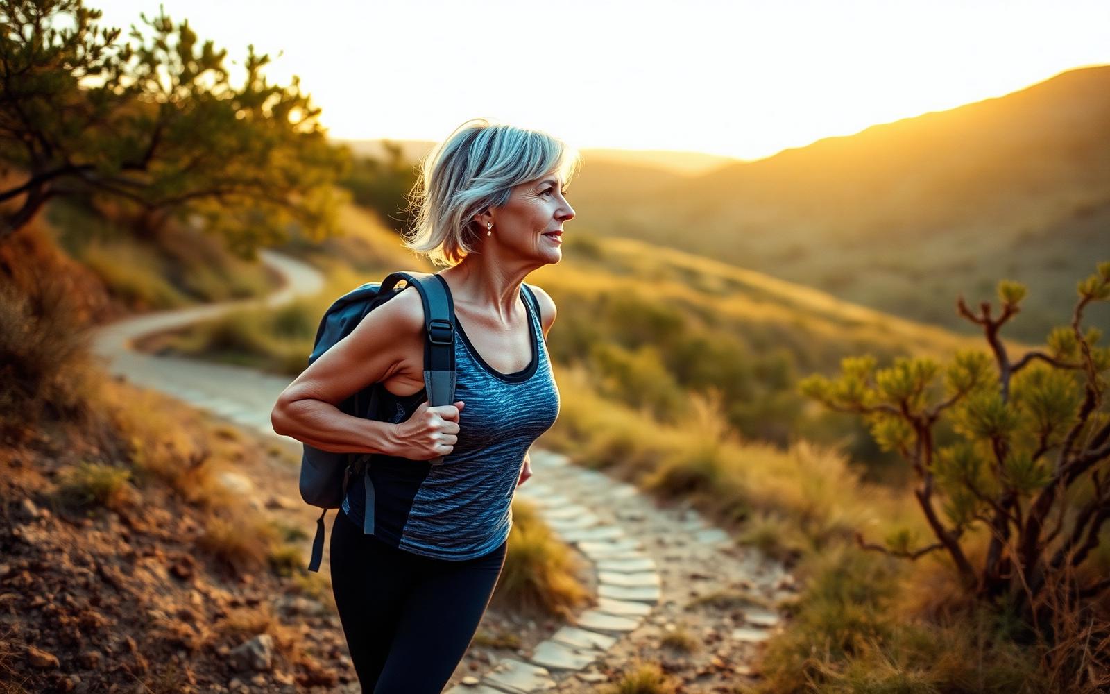 A woman in her late 50s hiking a Texas hill-country trail at sunset