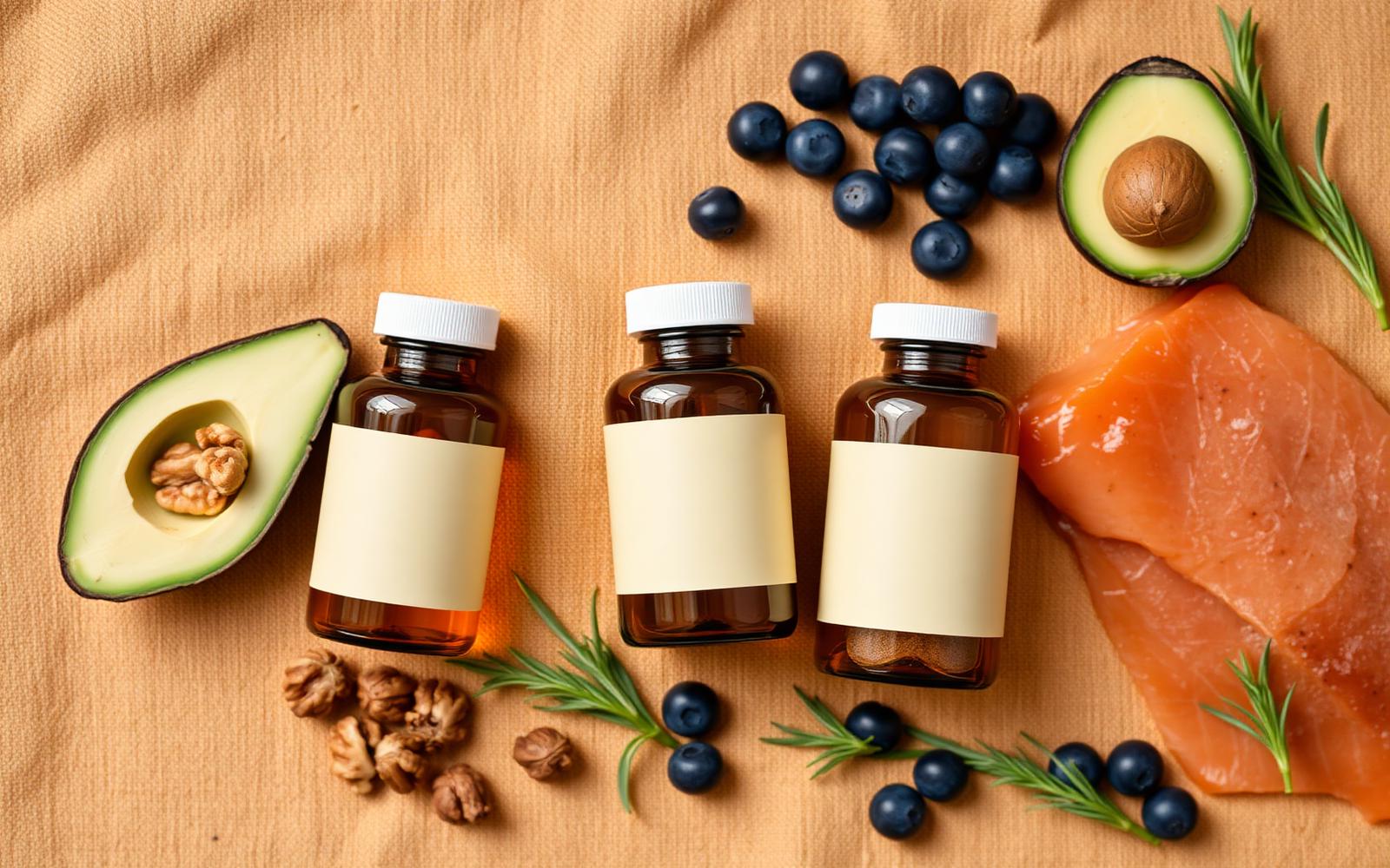 Amber supplement bottles on a warm sand-colored linen backdrop with fresh whole foods